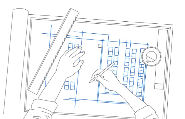 A line drawing of an architect editing plans, representing Develop