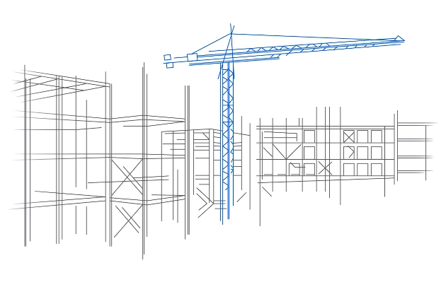 An line drawing of a crane over a build site, representing Build