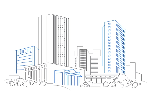 A line drawing of a city skyline, representing Manage